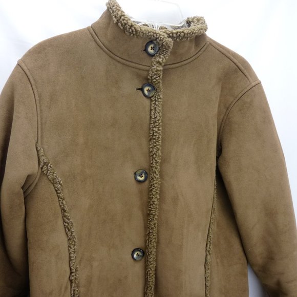 LL Bean Womens Jacket Coat Faux Suede Sherpa Lined Brown Pockets Warm Medium - Picture 10 of 13